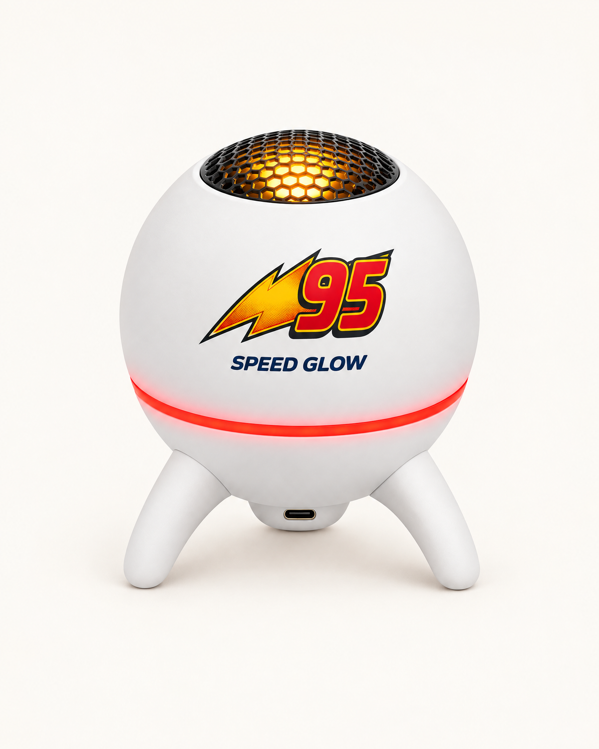 Speed Glow race room projector — white sphere with 95 lightning-bolt decal and glowing red ring