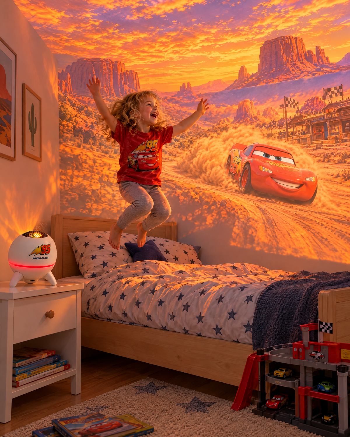 Girl jumping on her bed under a projected desert-sunset race scene