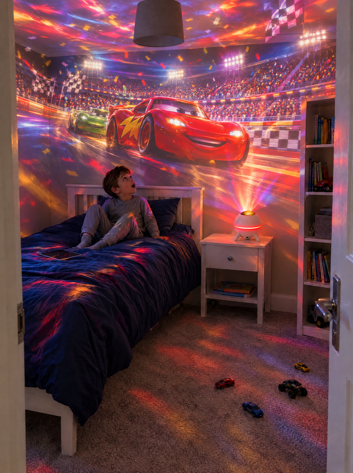 Boy's bedroom transformed by the Speed Glow race projection