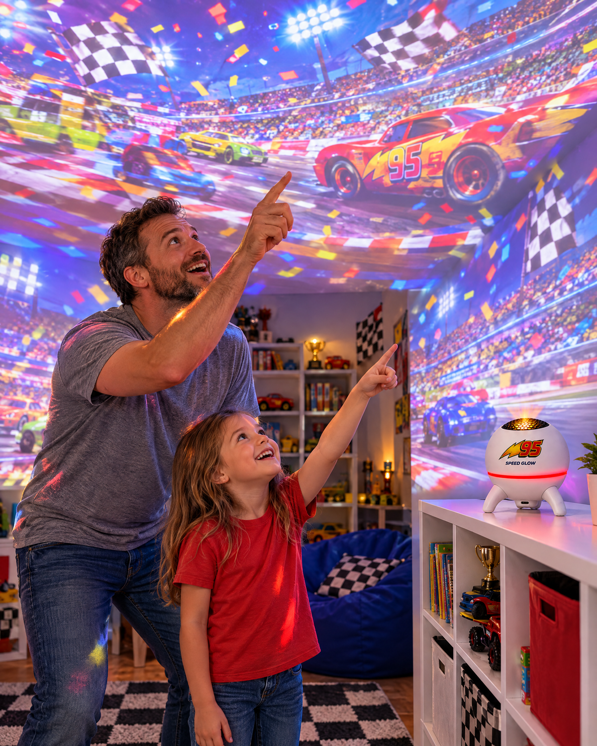 Dad and daughter pointing at a race scene projected around the playroom
